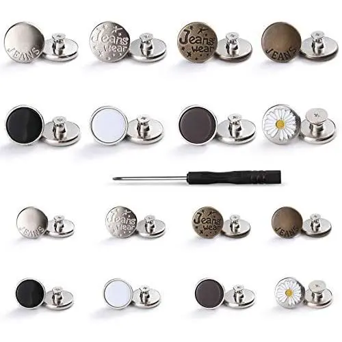 16 Sets Replacement Removable Jean Buttons Kit 17mm/20mm No Sew Adjustable Instant Button Metal Jeans Button for Any Jeans Pants Waist Tighten (Each 8 Sets for 17mm and 20mm) 16 Sets Replacement Removable Jean Buttons Kit 17mm/20mm No Sew Adjustable Instant Button Metal Jeans Button for Any Jeans Pants Waist Tighten (Each 8 Sets for 17mm and 20mm)
