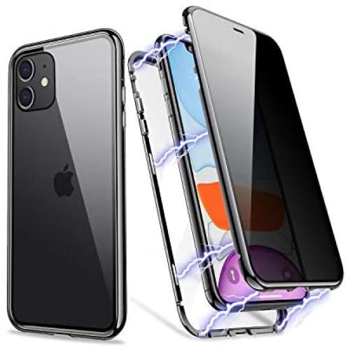 ZHIKE Anti Peeping Privacy Magnetic Phone Case Double Side Cover Magnet Absorption Metal Bumper Frame Tempered Glass Full Screen Coverage (Anti-Spy) (Clear Black, iPhone 11 Case)