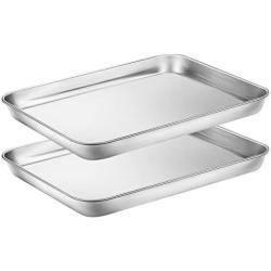 Baking Sheets Set of 2, HKJ Chef Cookie Sheets 2 Pieces & Stainless Steel Baking Pans & Toaster Oven Tray Pans, Rectangle Size 10L x 8W x 1H inch & Non Toxic & Healthy & Easy Clean