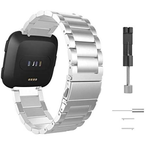 MoKo Band Compatible with Fitbit Versa/Versa 2/Versa lite Edition/Versa Special Edition, Stainless Steel Metal Watch Band Replacement Strap Bracelet - Silver