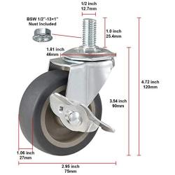 JEMVOTIC Caster Wheels, 1/2”-13x1”(Screw Diameter 1/2”, Screw height 1”) Threaded Stem Casters, 3” Grey Rubber Casters with Brake, Casters Set of 4, No Noise Swivel Casters, 4 Pack Locking Casters