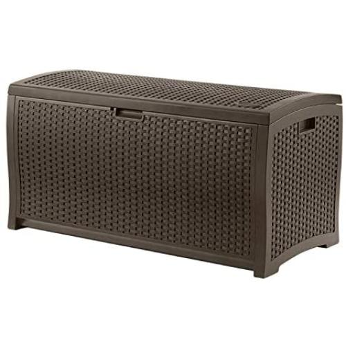 Suncast 99 Gallon Resin Wicker Patio Outdoor Storage Container for Toys, Furniture Deck box, Mocha