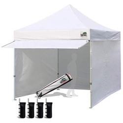 Eurmax 10 x 10 Pop up Canopy Commercial Tent Outdoor Party Canopies with 4 Removable Zippered Sidewalls and Roller Bag with 4 Canopy Sand Bags & 24 Squre Ft Extended Awning(White)