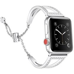 Secbolt Bling Bands Compatible with Apple Watch Band 38mm 40mm iWatch SE Series 6/5/4/3/2/1, Women Dressy Metal Jewelry Bracelet Bangle Wristband Stainless Steel, Silver