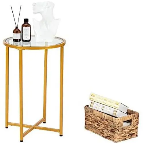 VINGLI 15.7 Modern Round End Table, Tempered Glass Accent Table Side Table Nightstand with Metal Frame for Living Room,Bedroom,Gold VINGLI 15.7 Modern Round End Table, Tempered Glass Accent Table Side Table Nightstand with Metal Frame for Living Room,Bedroom,Gold