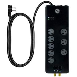 GE Pro Surge Protector, 8 Outlet Power Strip, 4ft Extension Cord, 3 Phone/Dsl/Modem Line Ports, 2 Cable/Coax Ports, 3 Extra Wide Adapter Spaced Outlets, Flat Plug, 2100 Joules, Black, 14095