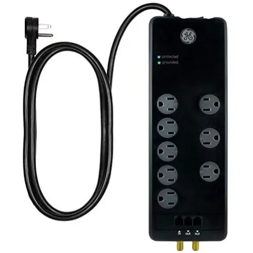 GE Pro Surge Protector, 8 Outlet Power Strip, 4ft Extension Cord, 3 Phone/Dsl/Modem Line Ports, 2 Cable/Coax Ports, 3 Extra Wide Adapter Spaced Outlets, Flat Plug, 2100 Joules, Black, 14095 GE Pro Surge Protector, 8 Outlet Power Strip, 4ft Extension Cord, 3 Phone/Dsl/Modem Line Ports, 2 Cable/Coax Ports, 3 Extra Wide Adapter Spaced Outlets, Flat Plug, 2100 Joules, Black, 14095