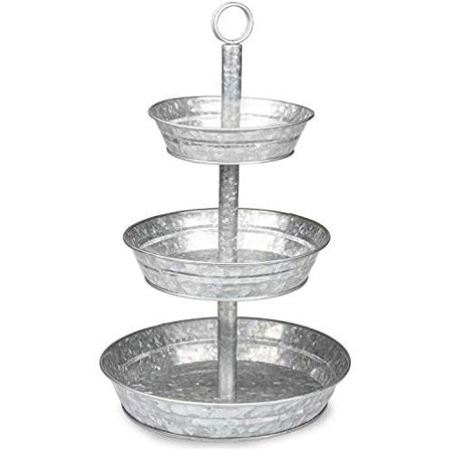 Ilyapa Galvanized Three Tiered Serving Stand - 3 Tier Metal Tray Platter for Cake, Dessert, Appetizers & More