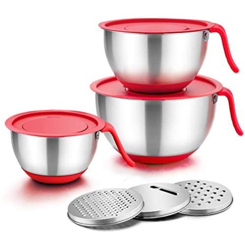 TeamFar Mixing Bowls, 5 / 3 / 1.5 Qt, Stainless Steel Mixing Bowls Salad Metal Bowl with Lids & 3 Graters, Pour Spout & Long Handle, Healthy & Heavy duty, Dishwasher Safe - Red