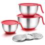 TeamFar Mixing Bowls, 5 / 3 / 1.5 Qt, Stainless Steel Mixing Bowls Salad Metal Bowl with Lids & 3 Graters, Pour Spout & Long Handle, Healthy & Heavy duty, Dishwasher Safe - Red