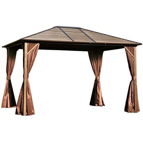 Outsunny 12’ x 10’ Steel Hardtop Canopy Patio Gazebo with Fully Enclosed Zippered Curtains & Comfortable Interior, Brown