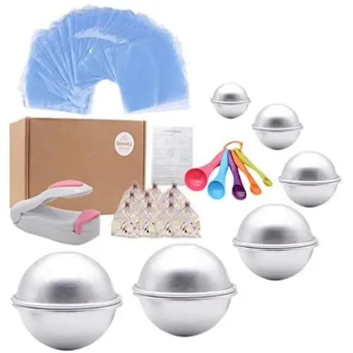 Bath Bomb Mold Set 228 Pieces - 200 Packs Shrink Wrap Bags,12 Pieces of DIY Metal Mould,Spoons,Gift Bags,Mini Heat Sealer (Instruction Included) Bath Bomb Mold Set 228 Pieces - 200 Packs Shrink Wrap Bags,12 Pieces of DIY Metal Mould,Spoons,Gift Bags,Mini Heat Sealer (Instruction Included)