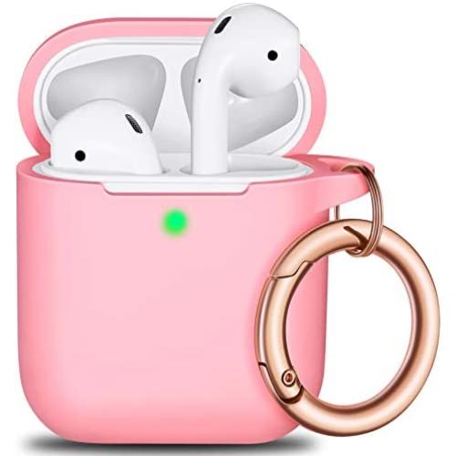 AirPods Case Cover Keychain, Full Protective Silicone AirPods Accessories Skin Cover for Women Girl with Apple AirPods Wireless Charging Case,Front LED Visible-Pink