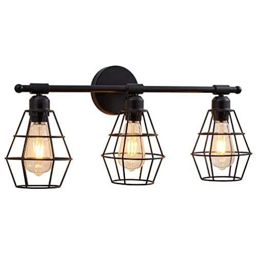 3 Light Bathroom Vanity Light, Metal Wire Cage Industrial Wall Sconce, Black Light Fixture Bathroom for Mirror Cabinets, Vanity Table, Bathroom, Wall Lighting - 22.8 in (Bulb Not Include)