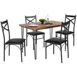 VECELO Rustic Country Set Wooden Table and 4 Chairs with Metal Legs for Breakfast Nook, Kitchen, Dining Room-4 Placemats Included, Black