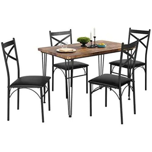 VECELO Rustic Country Set Wooden Table and 4 Chairs with Metal Legs for Breakfast Nook, Kitchen, Dining Room-4 Placemats Included, Black