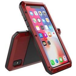 iPhone Xs Max Case, TCM Aluminum Metal Case - Water Resistant Shockproof Heavy Duty Tempered Glass Screen Protector Dual Layer Protective Case for Apple iPhone Xs Max-Red