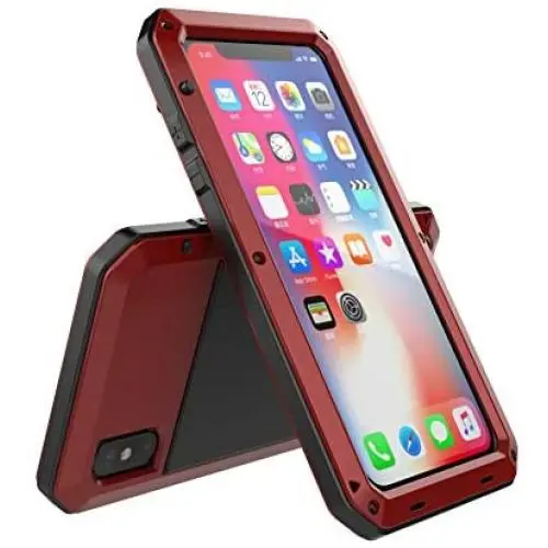 iPhone Xs Max Case, TCM Aluminum Metal Case - Water Resistant Shockproof Heavy Duty Tempered Glass Screen Protector Dual Layer Protective Case for Apple iPhone Xs Max-Red