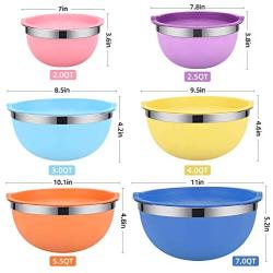 Mixing Bowls, Weiyudang 6 piece Salad Bowl Stainless Steel Basin Metal Bowls Set With Colorful Lids - Set Includes 2, 2.5, 3, 4, 5.5, 7Quart, Measuring Cup as a Gift