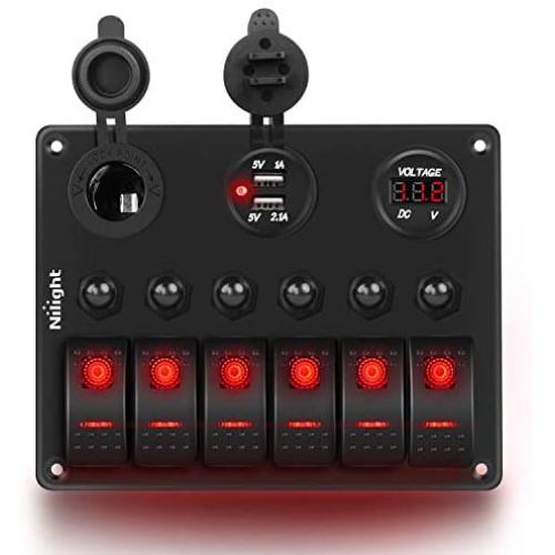 Nilight 6 Gang ON Off Rocker Switch Panel Red Backlit 12V 24V LED Digital Voltmeter 3.1A Dual USB Charger Cigarette Lighter Socket Overload Protection Switch Panel For Cars RVs Boats (90122F)