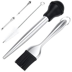 KALUDYA Turkey Baster for Cooking,Meat Baster Syringe with Cooking Brush,Injectors and Cleaning Brush,Stainless Steel Turkey Baster Metal, Black