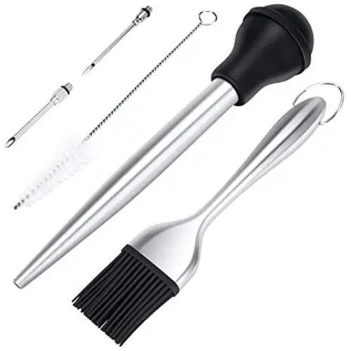 KALUDYA Turkey Baster for Cooking,Meat Baster Syringe with Cooking Brush,Injectors and Cleaning Brush,Stainless Steel Turkey Baster Metal, Black