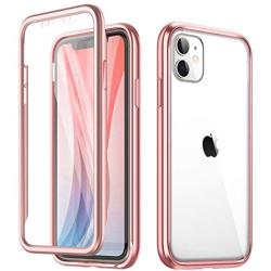 SURITCH Clear Case for iPhone 11, [Built in Screen Protector][9H Tempered Glass Back][Metallic Electroplated] Shockproof Hard Full Body Protection Silicone Bumper Cover for iPhone 11 6.1''(Rose Gold)