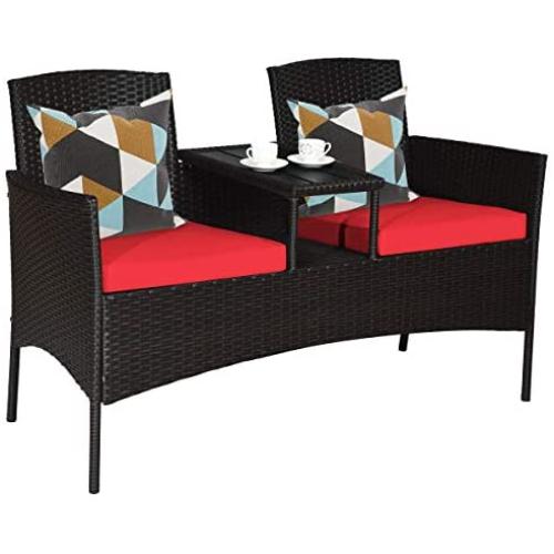 Tangkula Outdoor Rattan Loveseat, Patio Conversation Set with Cushions & Table, Modern Patio Furniture Set Wicker Sofa Set with Built-in Coffee Table, Rattan Sofas for Garden Lawn Backyard
