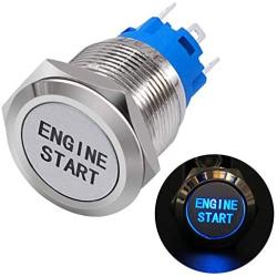 Taiss 12V 19mm Momentary Blue LED Illuminated Car Engine Start Push Button Switch 1NO 1NC 3/4'' Mounting Hole Silver Stainless Steel Metal Toggle Switch For Car Boat Part Modification TM19-Start -Bu