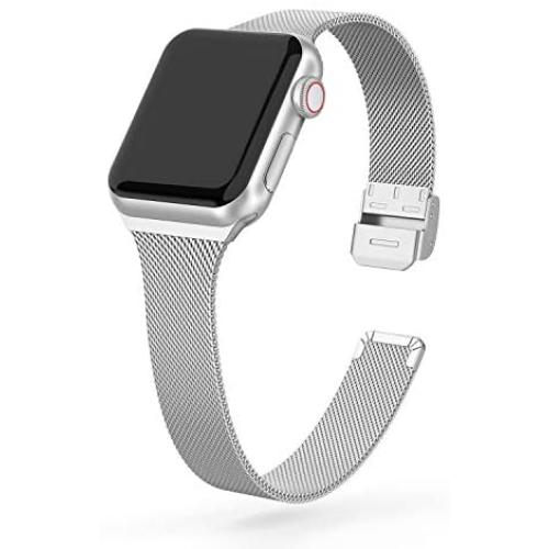 SWEES Compatible with iWatch 38mm 40mm 42mm 44mm, Stainless Steel Metal Narrow Small Soft Thin Replacement Compatible for iWatch Series 6 5 4 3 2 1 SE Women Men, Black, Champagne, Silver, Rose Gold