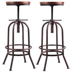 26 inch-32 inch Vintage Industrial Bar Stool-Metal Wood Swivel Bar Stool-Retro Bar Height Stool-Counter Height Adjustable Kitchen Stools-Set of 2,Fully Welded,Extra Tall Pub Height(Copper(2pcs))