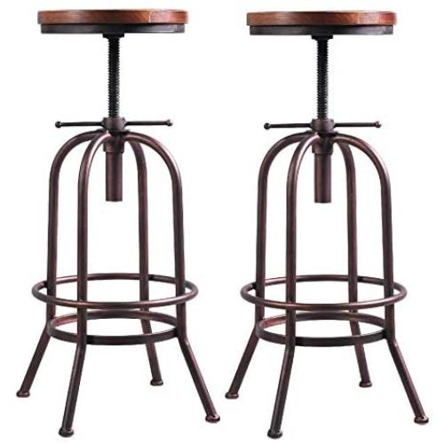 26 inch-32 inch Vintage Industrial Bar Stool-Metal Wood Swivel Bar Stool-Retro Bar Height Stool-Counter Height Adjustable Kitchen Stools-Set of 2,Fully Welded,Extra Tall Pub Height(Copper(2pcs))