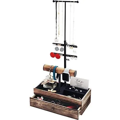 Jewelry Organizer Stand Display Tree - Earring Stand Necklace Holder - Metal Wood Jewelry Tower for Rings Bracelets Watches - Countertop 3 Tier Jewelry Stand with Black Velvet Storage Drawer Jewelry Organizer Stand Display Tree - Earring Stand Necklace Holder - Metal Wood Jewelry Tower for Rings Bracelets Watches - Countertop 3 Tier Jewelry Stand with Black Velvet Storage Drawer