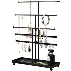 MyGift 5 T-Bar Modern Black Metal Jewelry Organizer for Bracelets, Necklaces and Earrings with Ring Tray