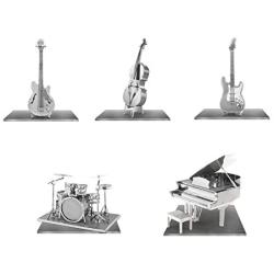 Fascinations Metal Earth Instrument 3D Metal Model Kit Set - Grand Piano , Bass Fiddle, Drum Set, Electric Bass Guitar, Electric Lead Guitar