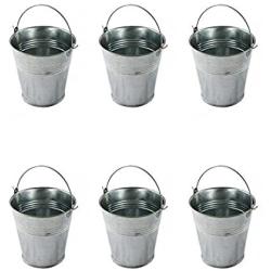 THORIUM 6 Piece Galvanized Mini 4'' x 4'' x 3'' Metal Buckets, Silver Tinplate Serving Pails for Herbs, Flowers, Candy, Even Decor, Party Favours Complete with 3 Sauce Ramekins