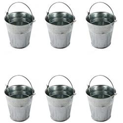 THORIUM 6 Piece Galvanized Mini 4'' x 4'' x 3'' Metal Buckets, Silver Tinplate Serving Pails for Herbs, Flowers, Candy, Even Decor, Party Favours Complete with 3 Sauce Ramekins