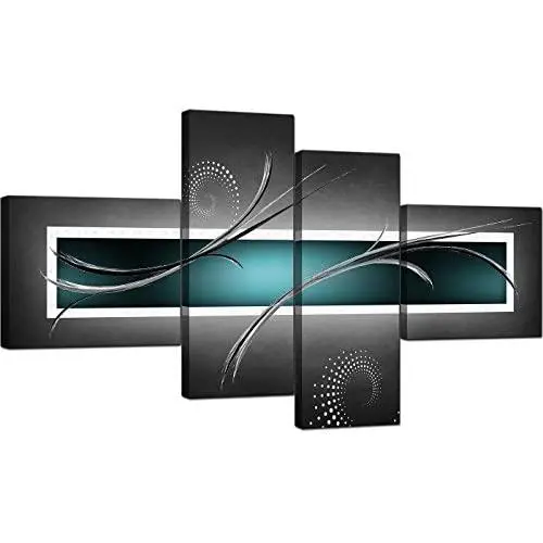 Wallfillers Teal White Grey Modern Abstract Canvas - Multi 4 Part - 62 Inches Wide - 4228
