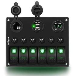 Nilight - 90123F 6 Gang ON Off Rocker Switch Panel Green Backlit 12V24V LED Digital Voltmeter Dual USB Charger Cigarette Lighter Socket Overload Protection Switch Panel For Cars RVs Boats