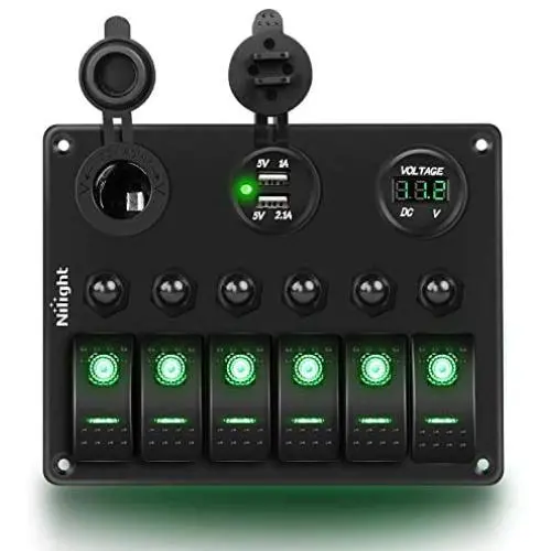 Nilight - 90123F 6 Gang ON Off Rocker Switch Panel Green Backlit 12V24V LED Digital Voltmeter Dual USB Charger Cigarette Lighter Socket Overload Protection Switch Panel For Cars RVs Boats Nilight - 90123F 6 Gang ON Off Rocker Switch Panel Green Backlit 12V24V LED Digital Voltmeter Dual USB Charger Cigarette Lighter Socket Overload Protection Switch Panel For Cars RVs Boats
