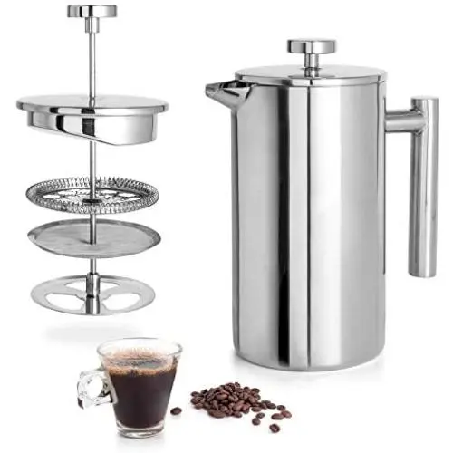 Mixpresso Stainless Steel French Press Coffee Maker 34 Oz 1L Double Wall Metal Insulation Coffee Press &Tea Brewer Easy Clean, And Easy Press