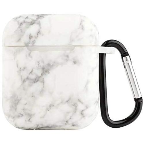 Sufcusny Exquisite Printed Soft Silicone Case Cover Metal Keychain Shockproof Protective Skin Protector Compatible with AirPods 1&2, White/Marble Pattern