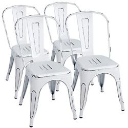 Furmax Metal Chairs Indoor/Outdoor Use Stackable Chic Dining Bistro Cafe Side Chairs Set of 4 (Distressed White)