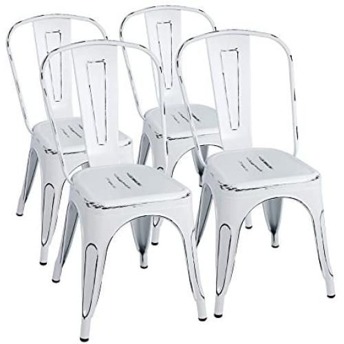 Furmax Metal Chairs Indoor/Outdoor Use Stackable Chic Dining Bistro Cafe Side Chairs Set of 4 (Distressed White)