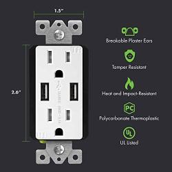 TOPGREENER 3.1A USB Wall Outlet Charger, 15A Tamper-Resistant Receptacles, Compatible with iPhone SE/11/XS/XR/X/8, Samsung Galaxy S20/S10/S9/Note, LG, HTC & More, UL Listed, TU2153A, White 6 Pack