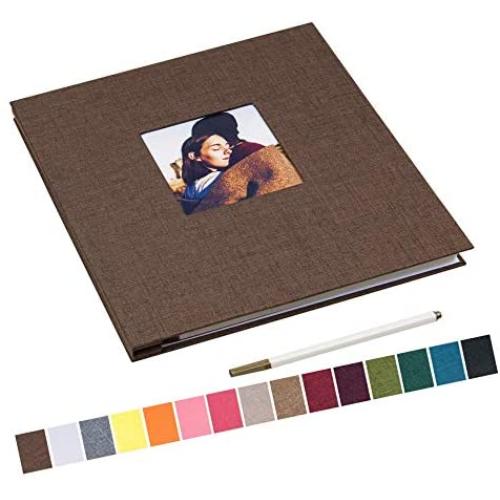 potricher 13.2x12.8 Inch Large Self Adhesive Photo Album Sticky 3x5 4x6 5x7 6x8 8x10 8.5x11 Magnetic Scrapbook Album 40 Pages Linen Cover DIY Photo Album with A Metallic Pen (Brown)