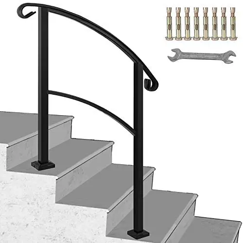 Happybuy Transitional Handrail Fits 1 or 3 Steps Black Stair Rail Handrails for Outdoor Steps Wrought Iron Handrail with Installation Kit