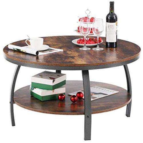GreenForest 35.4 Inch Round Coffee Table 2-Tier Large Size Industrial Design Sofa Table for Living Room with Storage Shelf Metal Legs Center Table, Rustic Brown