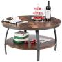 GreenForest 35.4 Inch Round Coffee Table 2-Tier Large Size Industrial Design Sofa Table for Living Room with Storage Shelf Metal Legs Center Table, Rustic Brown