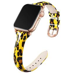 Adepoy Compatible for Apple Watch Bands 38mm 40mm, Non-Fade Slim Genuine Patent Leather Wristband for Women Apple iWatch Series Se/6/5/4/3/2/1, Yellow Leopard